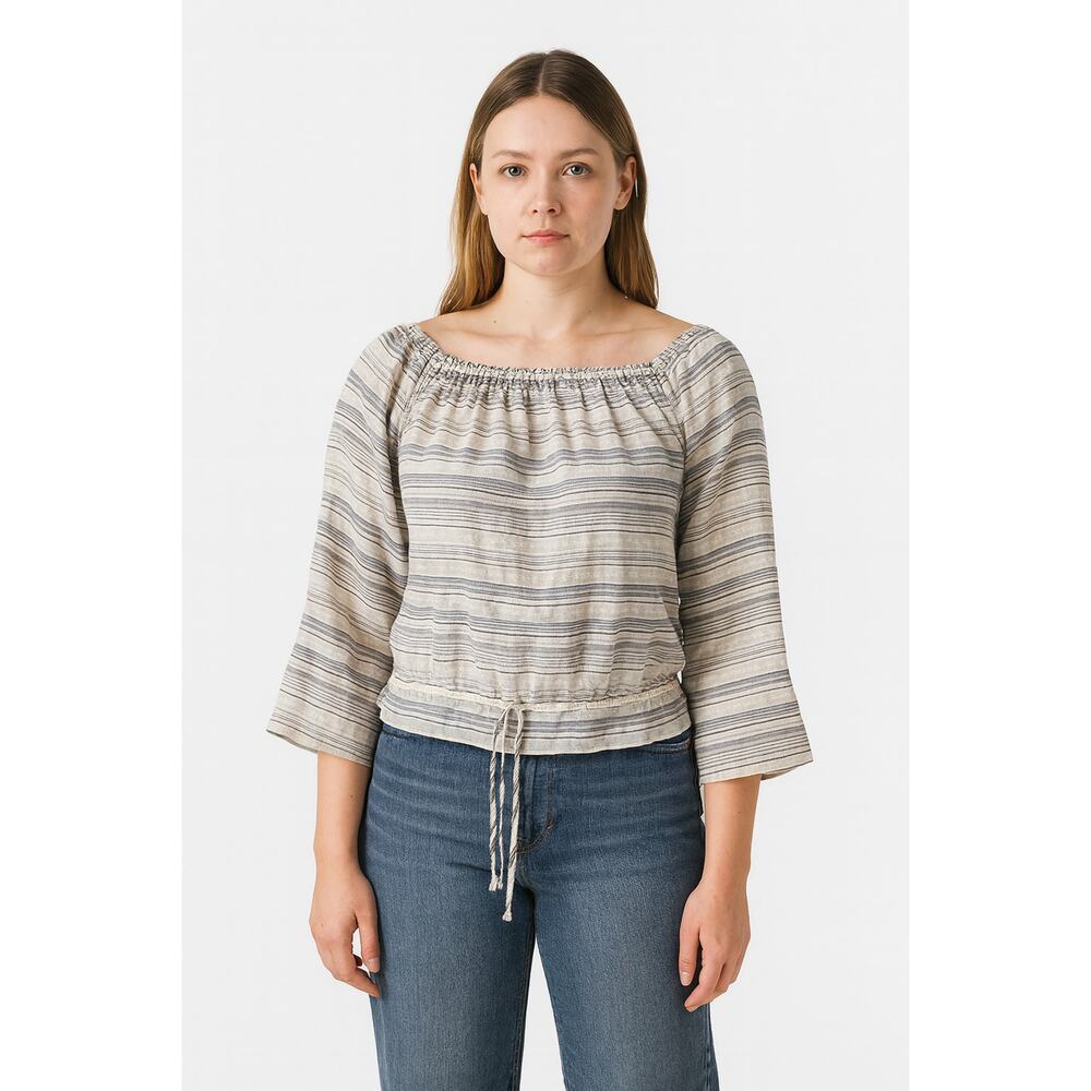 Theory Odettah Off Shoulder Top Petite Medium Blue White Striped Boho Blouse